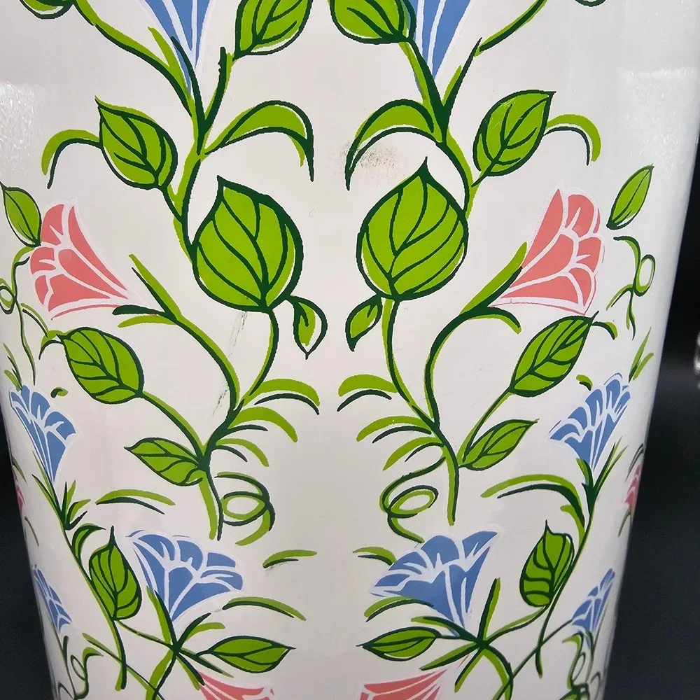 Vintage‎ 1960s Ice Bucket White Enamel Floral Lucite Handle MCM Barware
